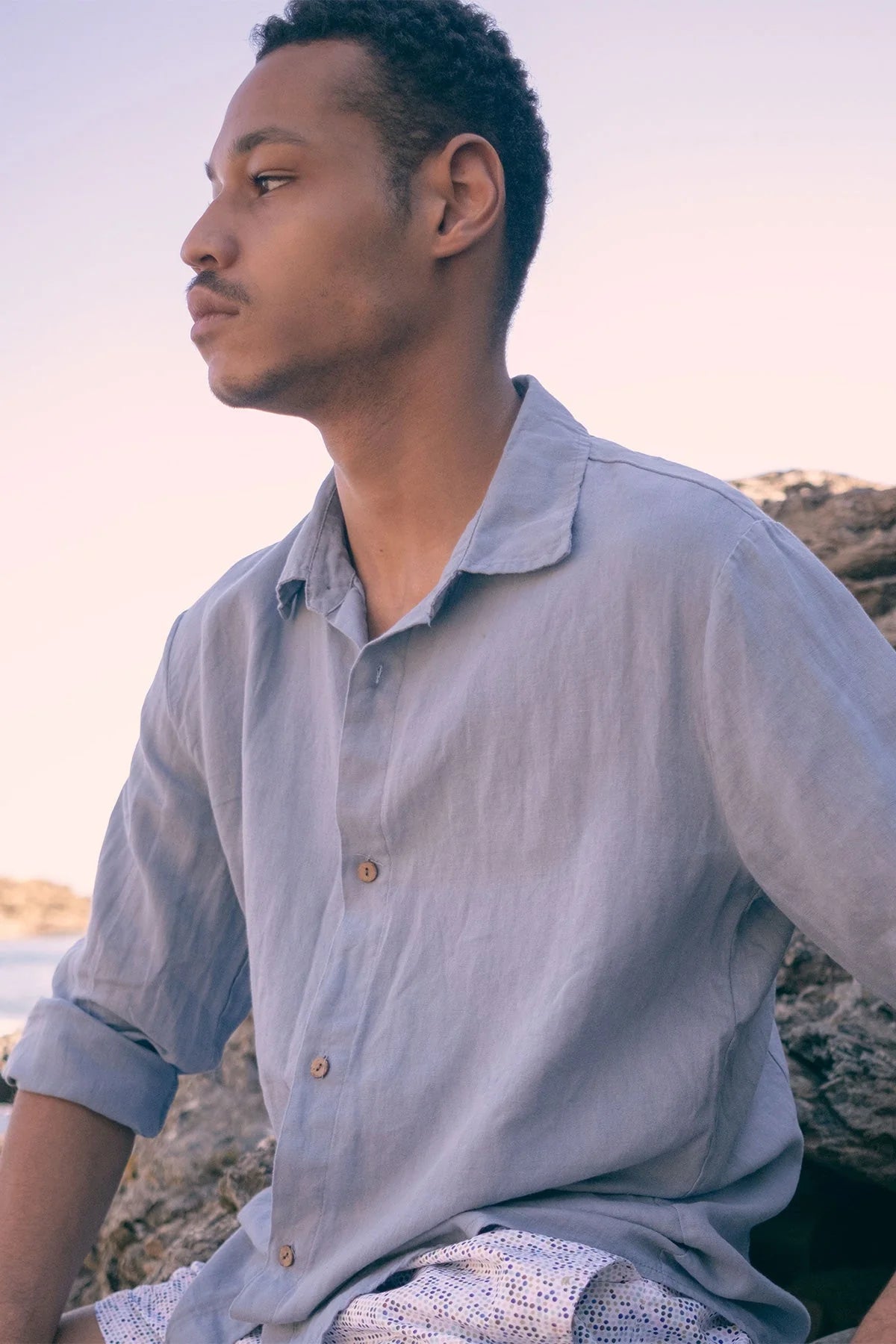 Camisa Manga Larga Polonio Lino Algodón - Azul