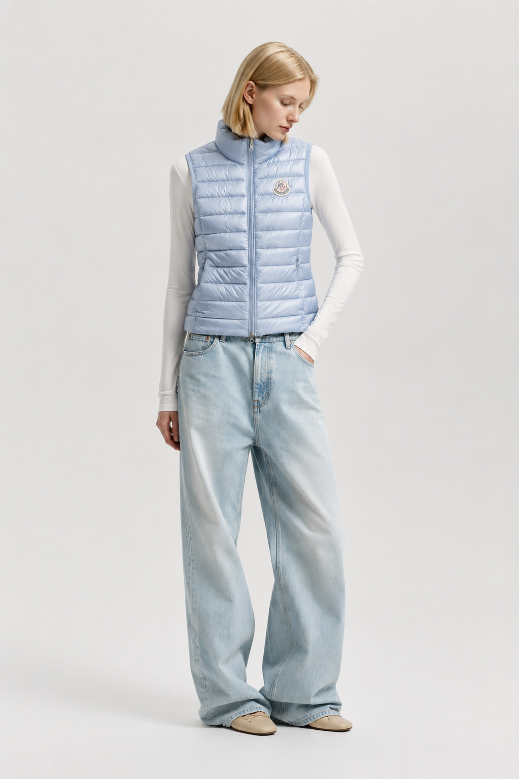 Women Vest Parka (No Hood) With Bag - Light Blue