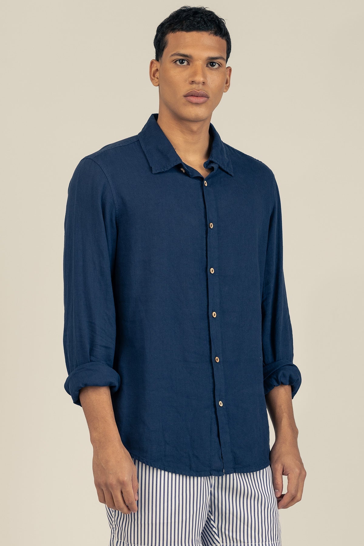 Camisa Manga Larga Polonio Lino - Navy