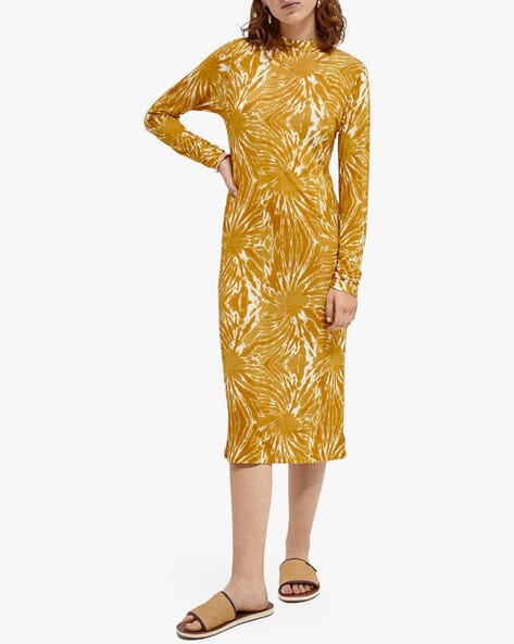Scotch & Soda Printed Mock Neck Midi Dress - Mustard